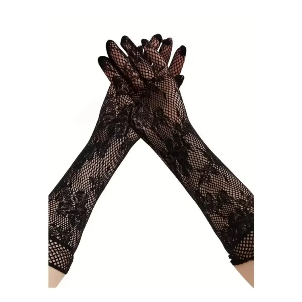 NWT Black Lace Fishnet Opera Gloves Floral Goth Costume Long Evening Formal